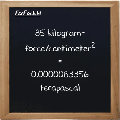 85 kilogram-force/centimeter<sup>2</sup> is equivalent to 0.0000083356 terapascal (85 kgf/cm<sup>2</sup> is equivalent to 0.0000083356 TPa)